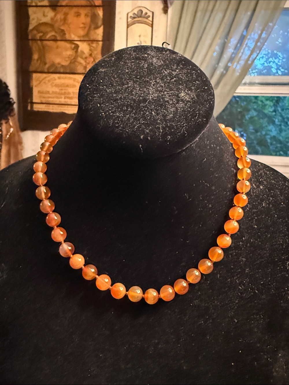 Vintage genuine carnelian beaded necklace hand knotted with gold tone closure